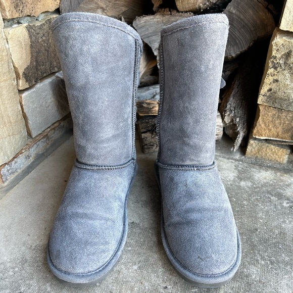 BearPaw winter Clara leather knit pull on buckle strap Grey Fog boots Sz-7. J - Picture 6 of 11